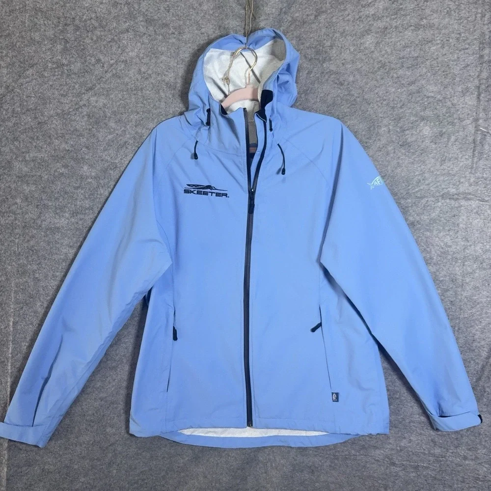 AFTCO Venus Waterproof Hooded Jacket Womens‎ Sz L Blue Ripstop Nylon - SEE LOGO
